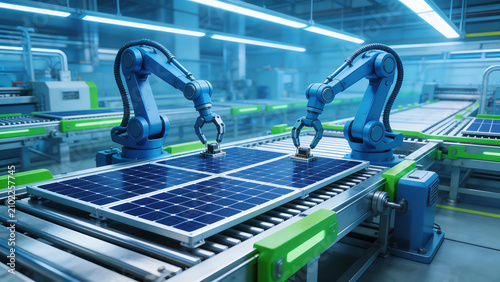 Plakat Robotic arms assembling solar panels
