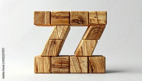 3D number 76 crafted from stacked natural wooden blocks with textured grain finish on a white background