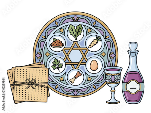 Passover Seder plate with matzah, wine and symbolic foods in colorful stained glass style