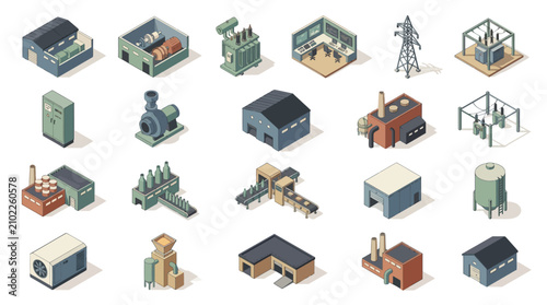 Comprehensive collection of industrial and infrastructure icons representing various manufacturing and utility elements