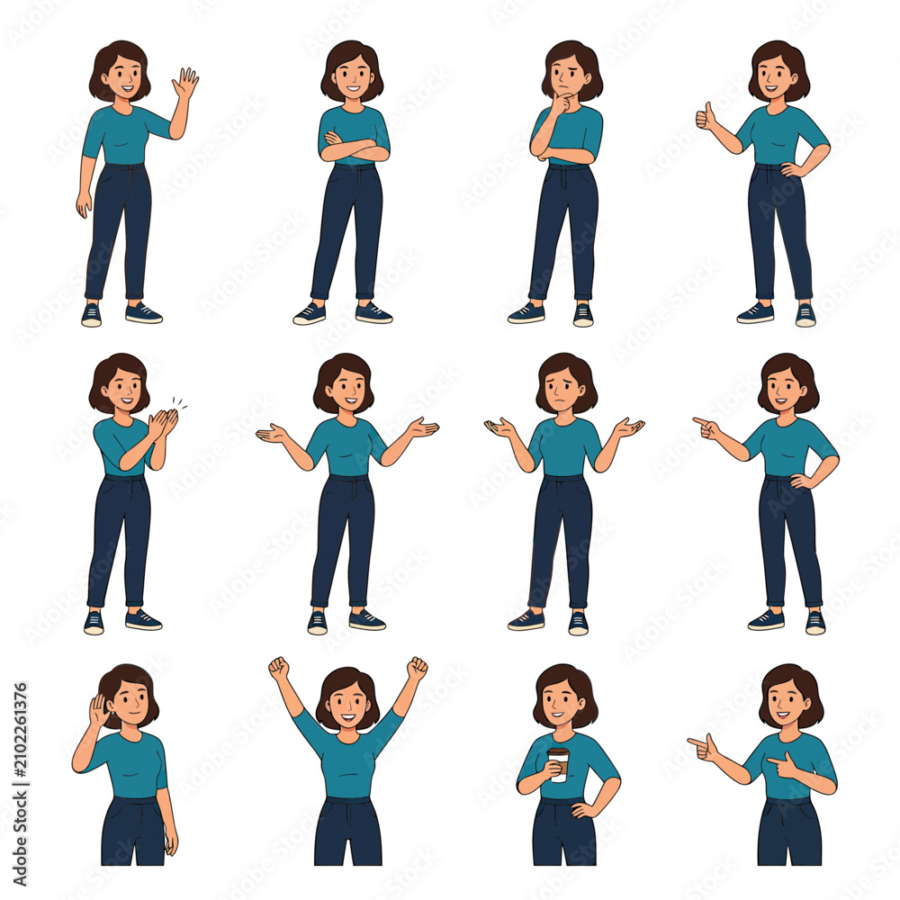 Obraz premium Cartoon Woman Character Poses and Gestures Set