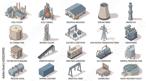 Comprehensive industrial infrastructure illustrated including factories, power plants, storage tanks, and utility towers in a