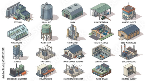 Detailed illustration of a comprehensive agricultural and industrial facility including grain storage, processing, and utility