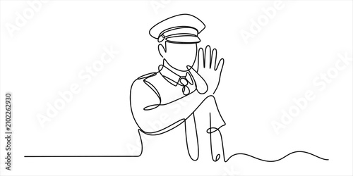 Obraz na plátně Continuous one line drawing of a police officer showing a stop hand gesture to c