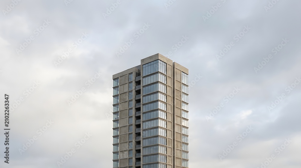 Fototapeta premium Modern luxury residential high-rise tower exterior against a cloudy overcast sky background.