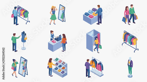 Professional Isometric Illustrations of Diverse Shopping Scenes Featuring Clothing Accessories and Retail Interactions