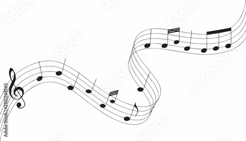 Musical notes on wavy staff lines, elegant black melody notation vector, flowing music sheet elements for concert posters and creative design isolated on White Background