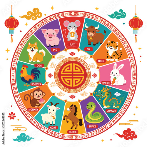 Colorful Chinese Zodiac Wheel Featuring Twelve Festive Animal Character Symbols