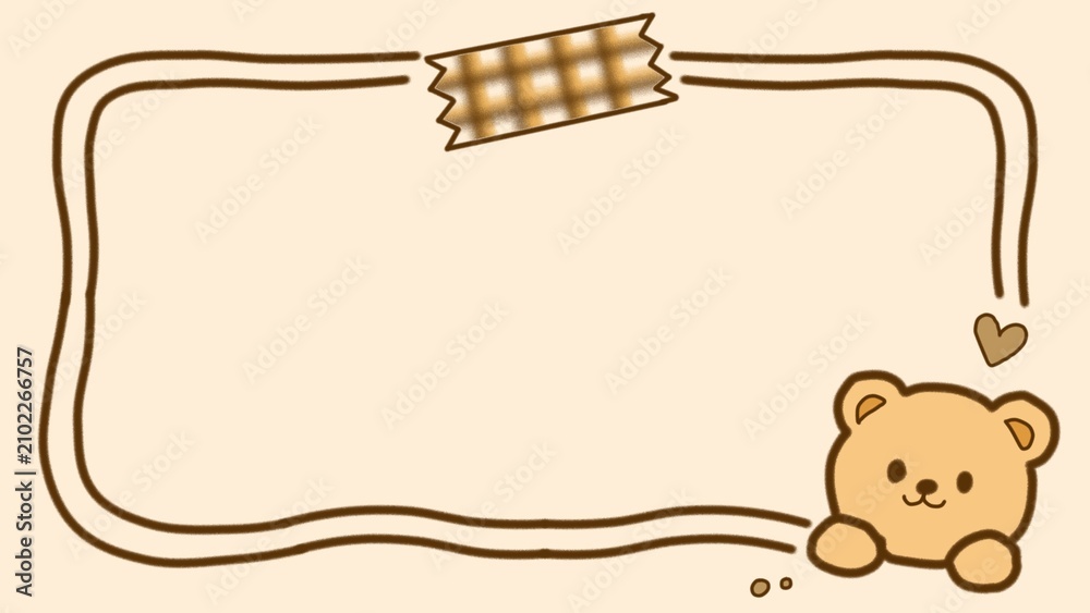 Fototapeta premium A cute teddy bear frame vector template featuring a hand-drawn brown border, plaid washi tape, and a small heart. Ideal for blank notes, scrapbooking, kids' journals, and message card designs.
