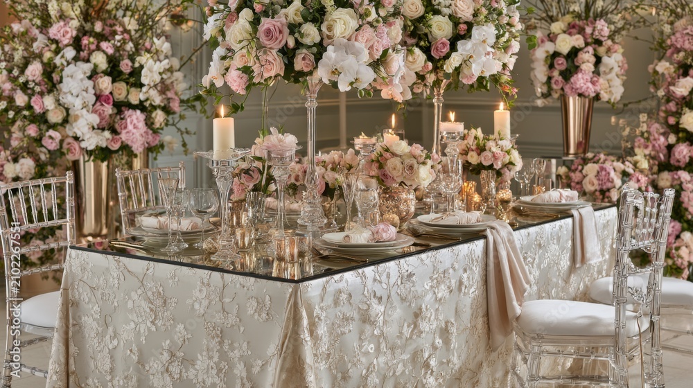 Fototapeta premium Elegant wedding reception table adorned with lush floral arrangements, candles, and soft fabrics creating a romantic atmosphere for special events