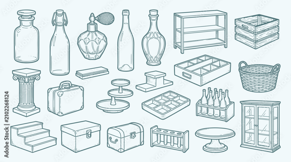 Fototapeta premium Collection of vintage objects and containers in a line drawing style.