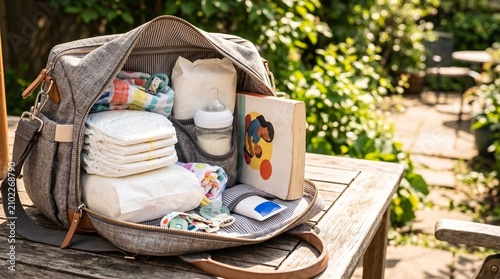 Essential baby travel bag organized for first-time parents advertising lifestyle photography on a garden wooden table