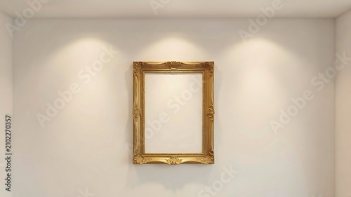 Empty ornate golden frame on a white gallery wall, illuminated by spotlights, symbolizing artistic potential and a blank canvas
