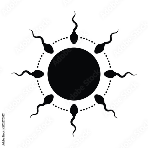 Foto Sperm cells surrounding large black circle symbol
