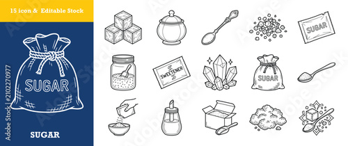 Fotografie Sugar related icons collection featuring refined cubes bags and sweeteners in line style