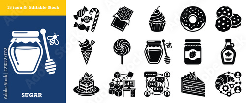 Foto Black glyph icon set of sugary foods and production process business management elements