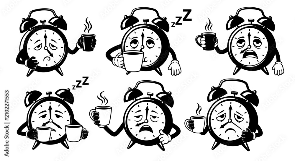 Fototapeta premium Six cartoon alarm clocks with arms holding coffee cups expressing sleepy or tired emotions