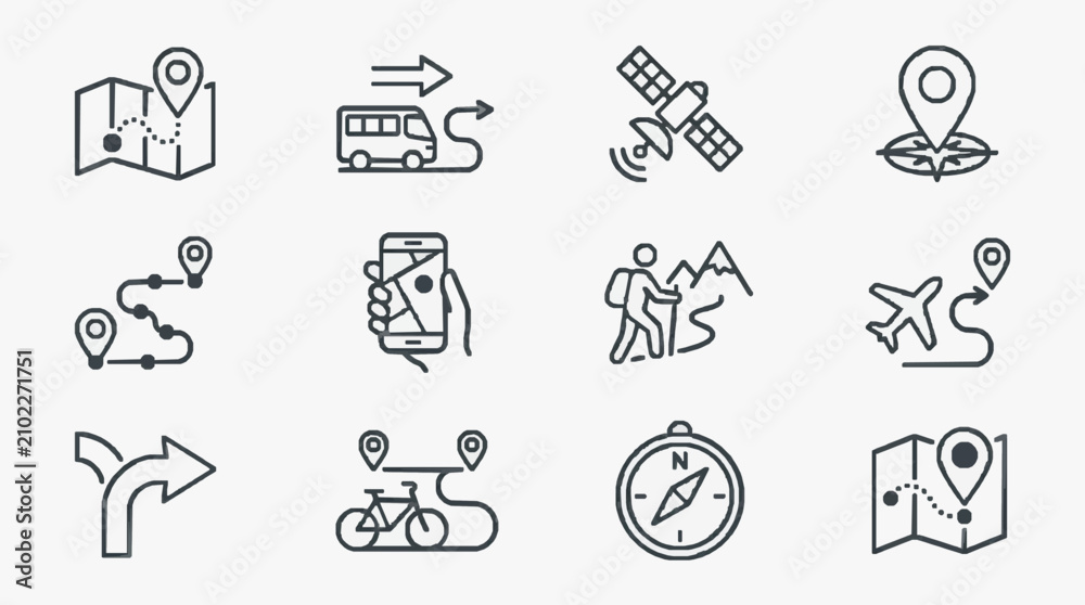 Fototapeta premium Professional Minimalist Black and White Line Icons Set Featuring Transportation Navigation and Adventure Symbols