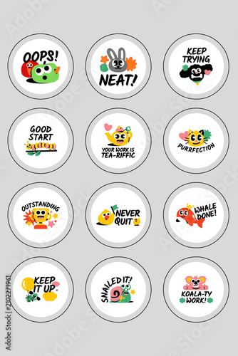 Fotografie Cute Teacher Reward Sticker Sheet with Motivational Animal Puns and Encouraging