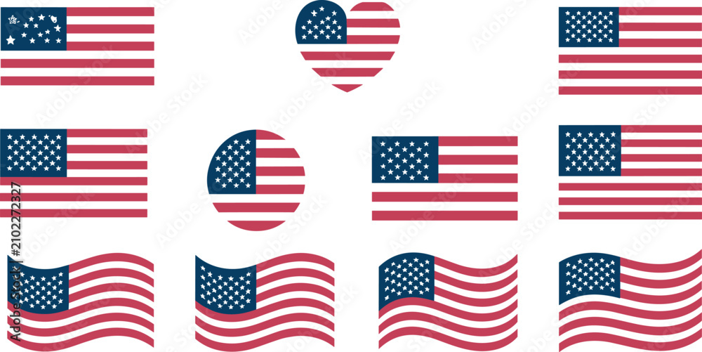 Obraz premium United States of America national flag vector set with waving rectangle circle and heart shapes isolated on white