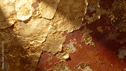 Macro gold leaf texture on surface. Close-up of gilded material with cracked metallic finish.