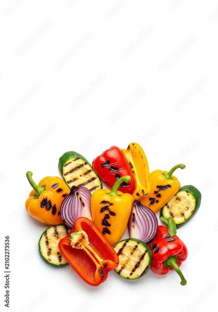 Fototapeta premium Colorful array of flame grilled vegetables featuring bell peppers, zucchini and red onions isolated on white for organic gourmet cooking, vitamins, gourmet, peppers