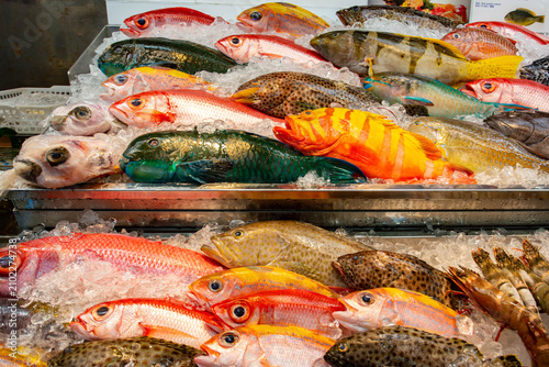 Obraz na płótnie 沖縄の市場に並ぶカラフルな鮮魚