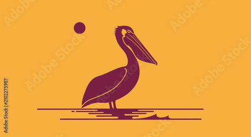 Tablou pe pânză Pelican bird silhouette at sunset on yellow background.