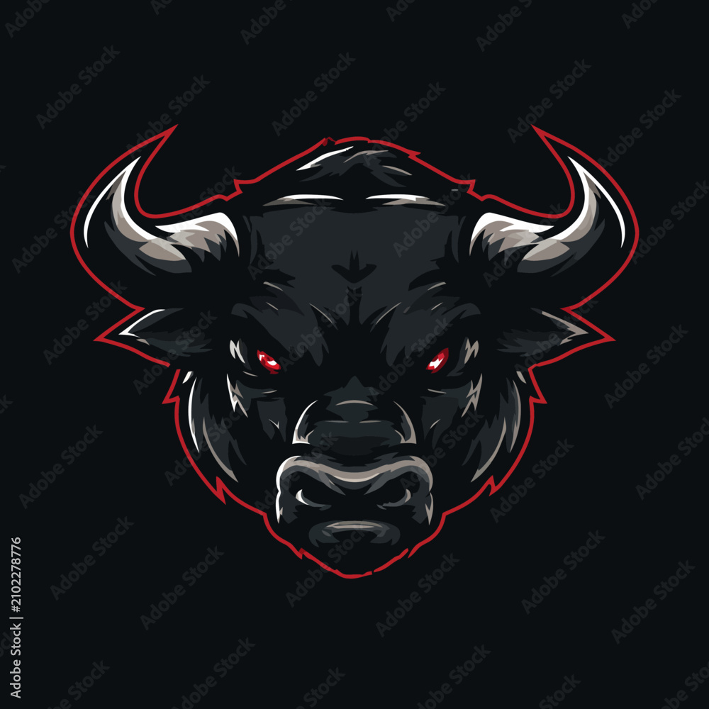 Fototapeta premium Fierce black bull head with glowing red eyes