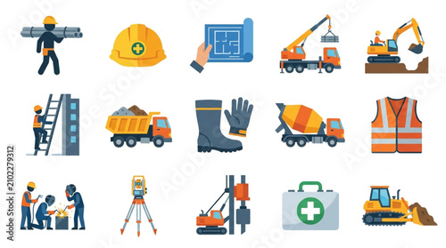 Photos Construction Industry Equipment and Workers Illustration Set.