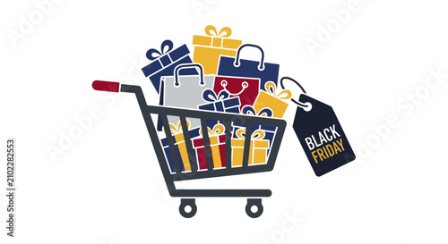 Shopping cart filled with gift boxes.