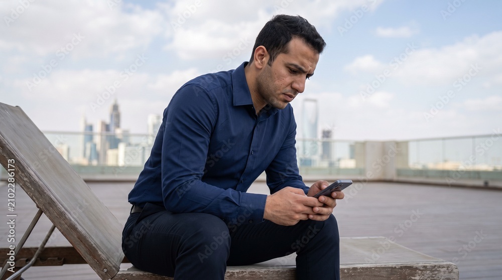 Obraz premium Young Arab Businessman Reading News On Rooftop