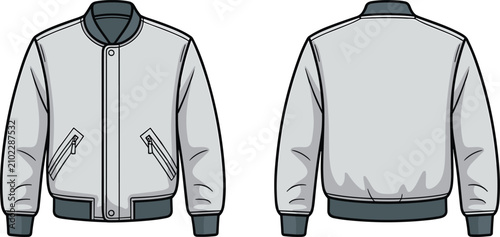 Foto Classic mens grey bomber jacket front and back technical flat drawing for appare