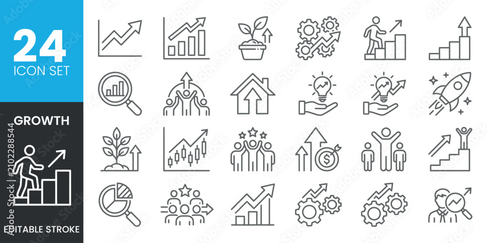 Fototapeta premium Growth success icon set 24 line icons for business finance and development concepts