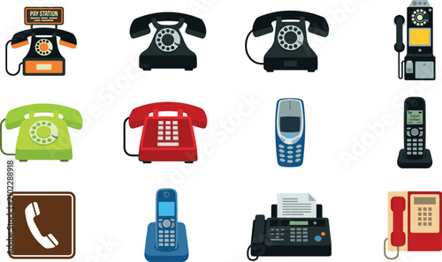 Foto Retro telephone icon set vector illustration, vintage rotary phone payphone cord