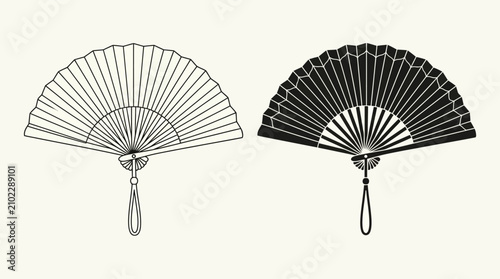 Traditional oriental folding hand fan outline and silhouette icons