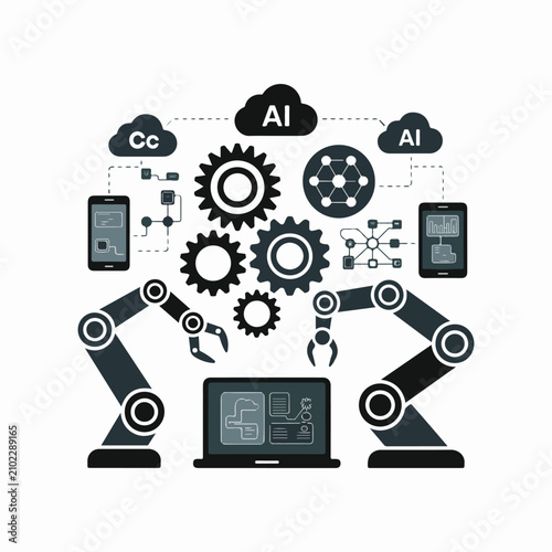 Robotic arms and gears connected to A I and cloud technology vector