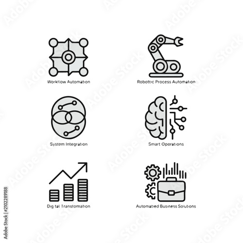 Six icons representing business automation and digital transformation concepts workflow robotic