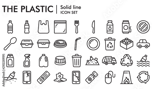 Plastic Waste Recycling Solid Line Icon Set Isolated on White