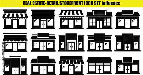 Storefront facades arrangement two tone pictograms representing commercial buildings and retail spaces facade building shopfront shop business architecture structure awning canopy window