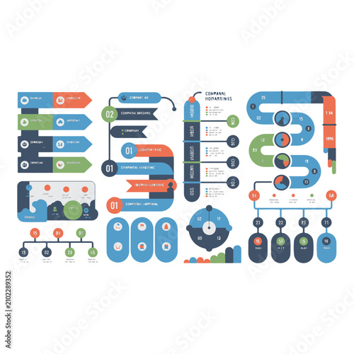 Colorful infographic with charts arrows and icons on white background data information