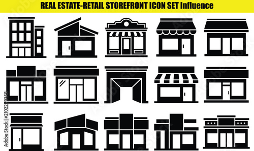 Collection of building storefronts two tone pictograms representing commercial real estate and urban architecture facades buildings cityscape retail spaces property structures downtown