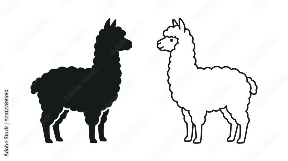 Fototapeta premium Minimalist alpaca and llama silhouette and outline vector illustrations set