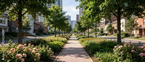 Beautiful neighborhood street path with lush green trees and blooming flowerbeds ideal for urban planning website and real estate community marketing