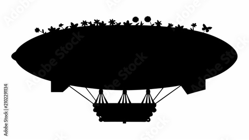 Black silhouette of a vintage airship featuring a garden of wildflowers and a butterfly on top isolated against a plain white background design