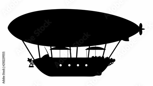 Vintage steampunk airship silhouette design element featuring classic dirigible shape isolated on a plain white background for creative graphic projects