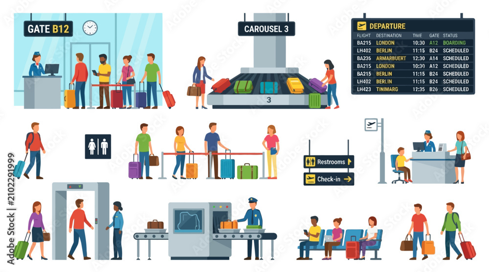 Obraz premium Airport Terminal Vector Illustration Set with Passengers, Security Check, Baggage Claim and Boarding Gate Scenes