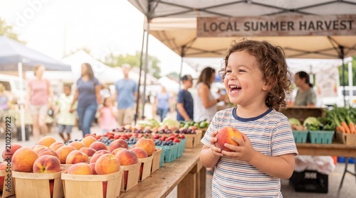 Smiling toddler is holding a fresh peach at a farmers market table for local summer produce and family lifestyle ads