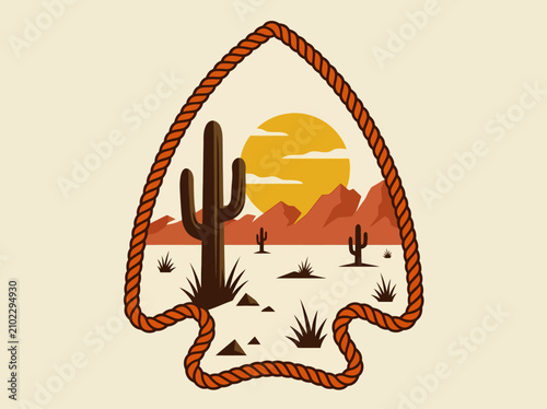 Desert Landscape Illustration with Saguaro Cactus in Rope Arrowhead Frame