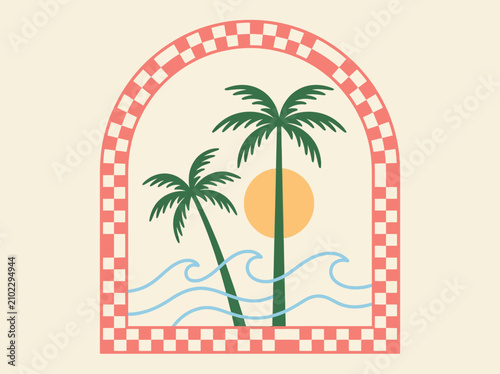 Retro tropical palm tree and ocean wave illustration in a checkered arch frame.
